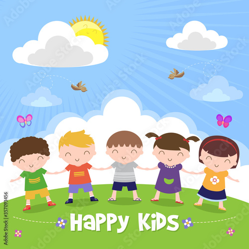 Happy kids holding hand isolated on nature background, Modern flat design, Vector illustration