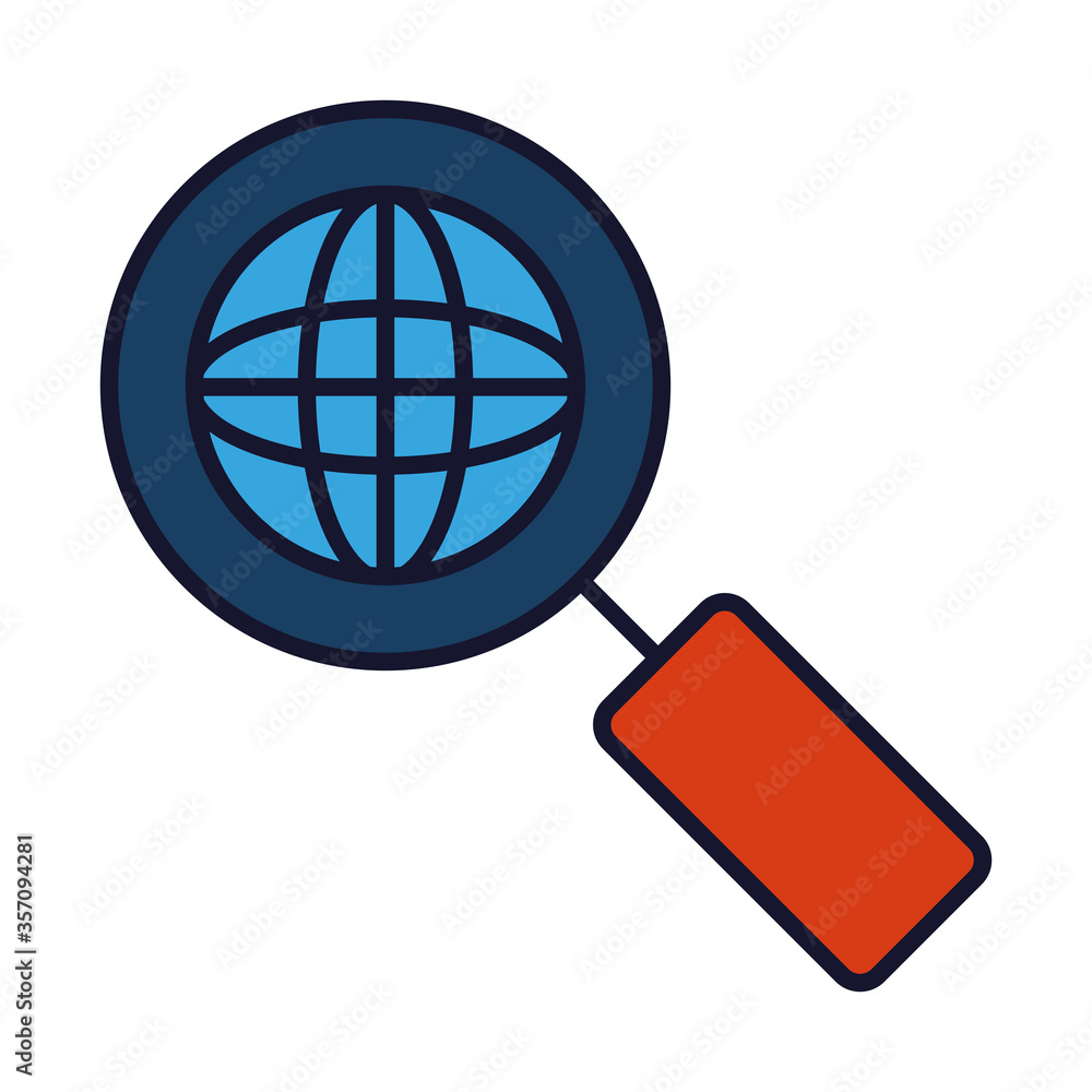 magnifying glass with global sphere icon, line and fill style magnifying glass with global sphere icon, line and fill style