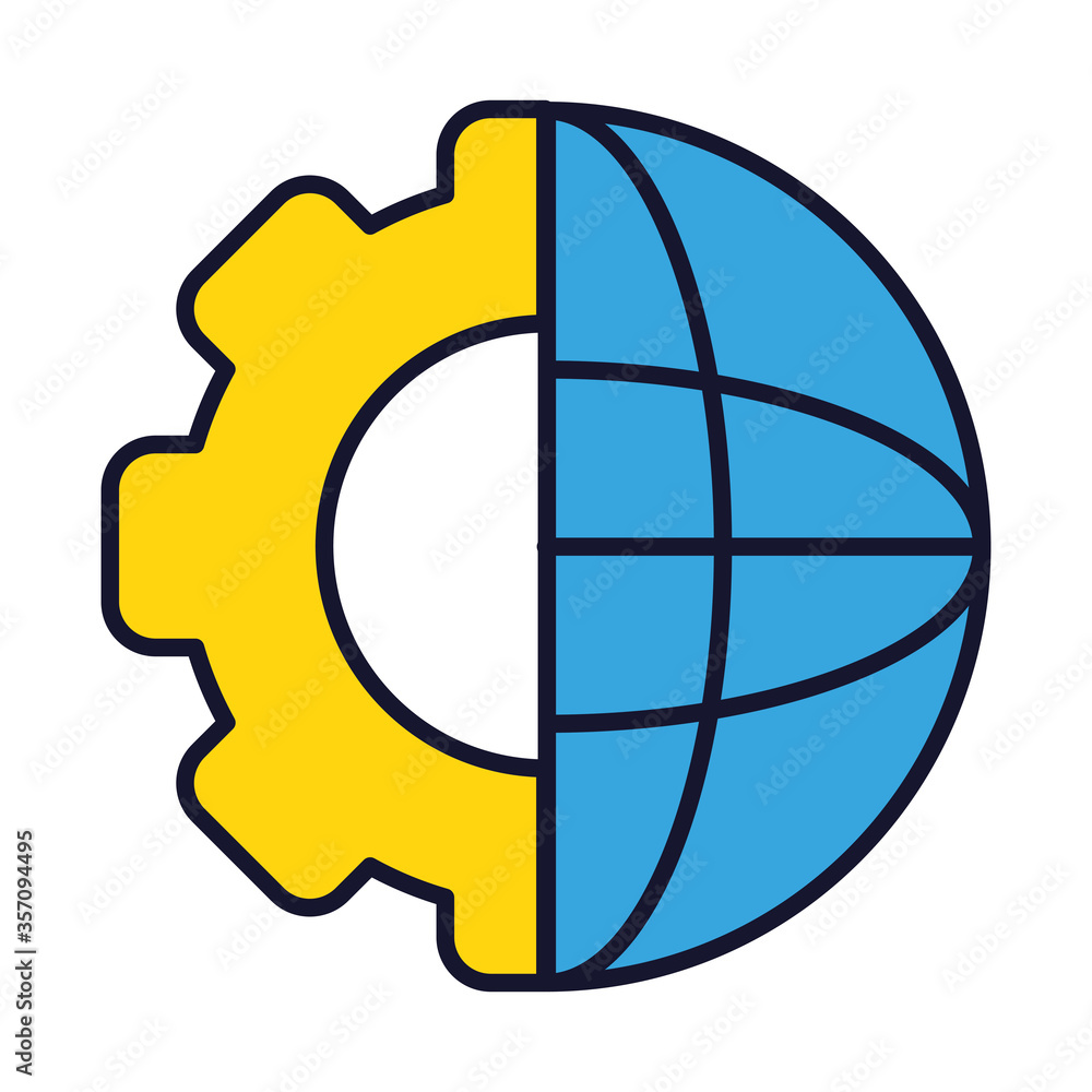 half gear wheel and half global sphere icon, line and fill style half gear wheel and half global sphere icon, line and fill style