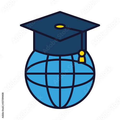 online education concept, global sphere with graduation cap icon, line and fill style