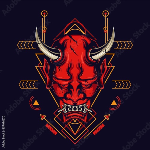 hannya mask with sacred geometry ornament