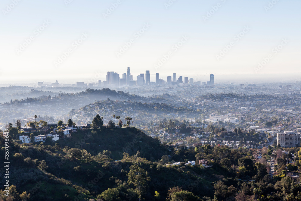 Misty early morning view of downtown Los Angeles, California.