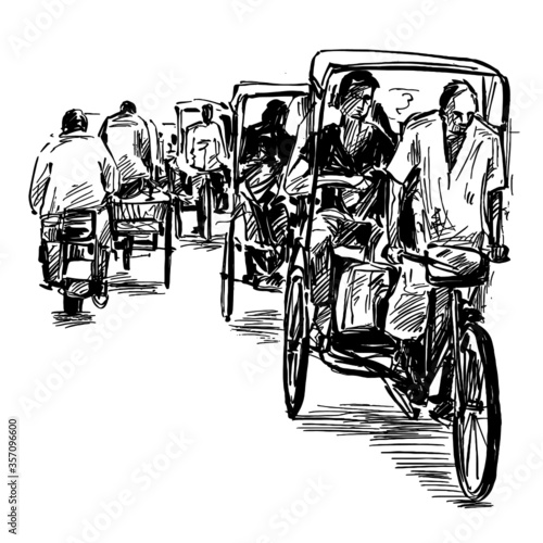 Drawing of the tricycle on street in India 