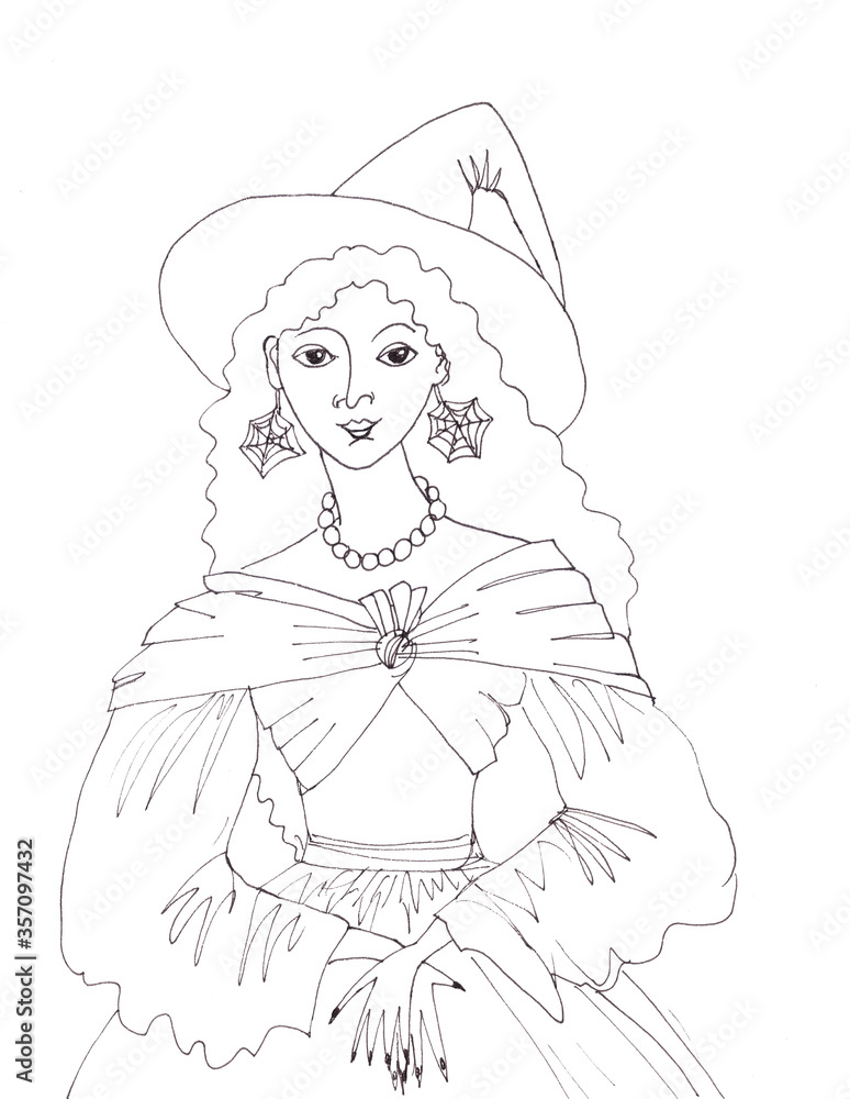 Fototapeta premium linear graphic black and white drawing of a witch in a wide-brimmed hat on halloween