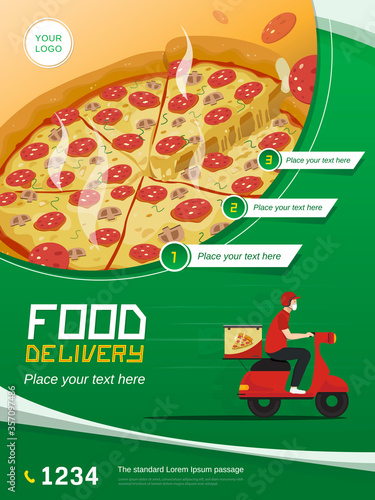 Food delivery service web banner with motorcycle and space for your text on green background
