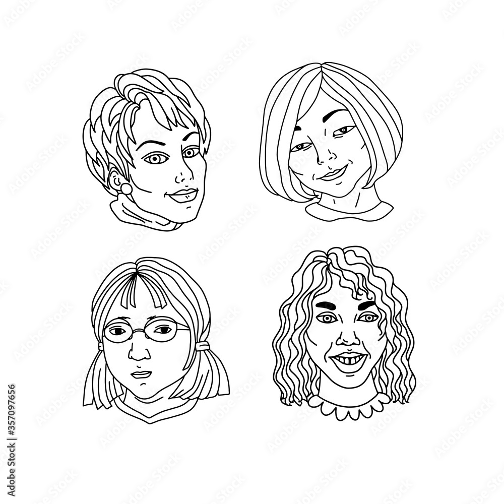 Faces of women of different nationalities, faiths and skin color. In the outline style on a white background. Fight for women's rights and equality. Template for a poster, banner, etc. Vector. Faces of women of different nationalities, faiths and skin color. In the outline style on a white background. Fight for women's rights and equality. Template for a poster, banner, etc. Vector.