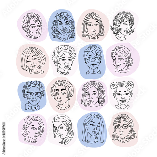 Faces of women of different nationalities, faiths and skin color. In the outline style on a white background. Fight for women's rights and equality. Template for a poster, banner, etc. Vector illustra