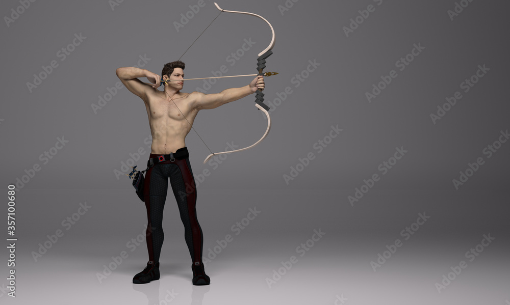 3D Render : a young male shirtless archer pose practicing archery in ...