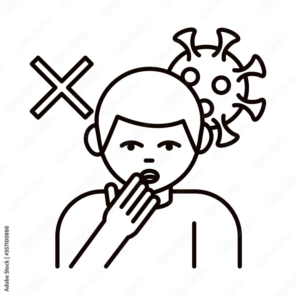 covid 19 coronavirus prevention, sick man cover mouth with hand, spread outbreak pandemic line style icon