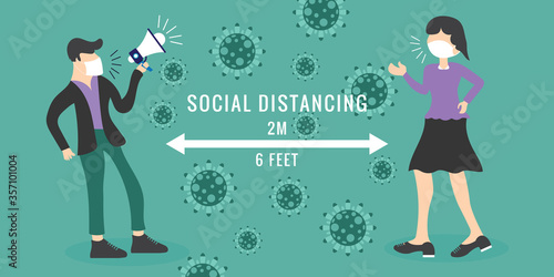 Social distancing, keep distance in public society people to protect from COVID-19 coronavirus outbreak spreading concept, businessman and woman keep distance away in the meeting with virus pathogens