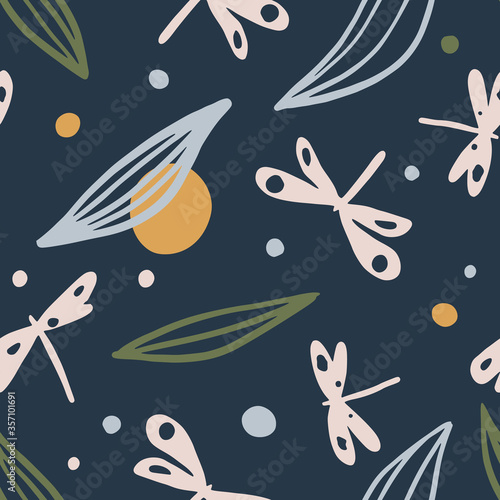 Abstract dragonfly seamless pattern on blue background. Floral wallpaper.