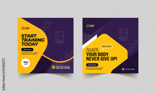 Fitness gym social media post banner  template. Editable sports yoga digital marketing web banner or square flyer design