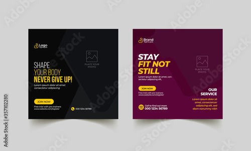 Fitness gym social media post banner  template. Editable sports yoga digital marketing web banner or square flyer design