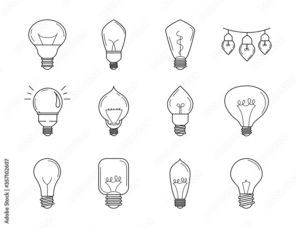 electric light bulb, eco idea metaphor, isolated line style icons set electric light bulb, eco idea metaphor, isolated line style icons set