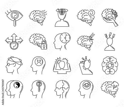 alzheimer disease, decrease in mental human ability icons set line style