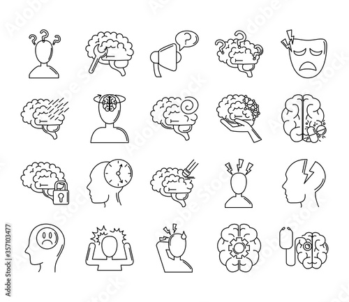 alzheimer disease, decrease in mental human ability icons set line style