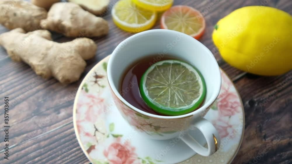 Top view of ginger tea on wooden background. Top view of ginger tea on wooden background.