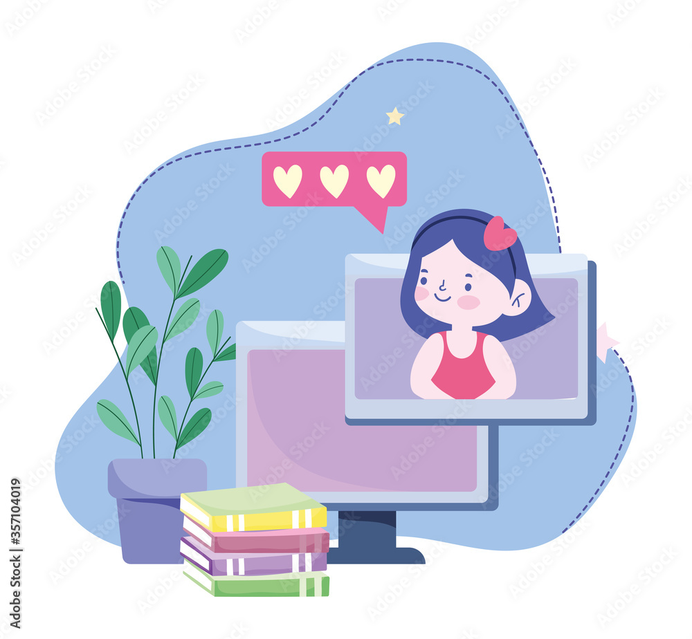 online education, student girl computer and books connection, website and mobile training courses online education, student girl computer and books connection, website and mobile training courses