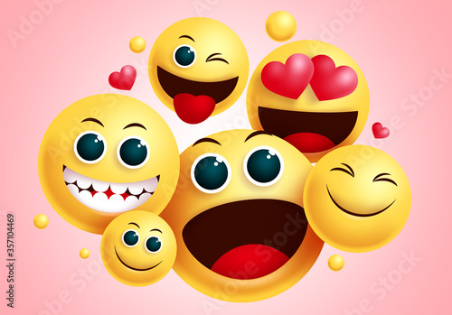 Emojis smiley group vector design. Smileys emoji group of friends with happy face and funny facial expression for friendship sign and symbol collection in red background. Vector illustration.