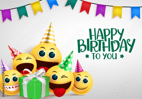 Happy birthday emoji vector greeting design. Happy birthday to you greeting text with cute smiley emoji in party elements like hat and gift for invitation card design. Vector illustration.