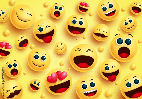 Smiley emojis in yellow background vector concept. Smileys emoji avatar character in top view with different facial expressions like in love, happy, naughty and surprise for design collection.