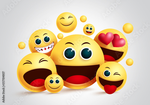 Smiley emoji group vector design. Emojis yellow smiley face of friends happy together with facial expression for friendship design in white background. Vector illustration.