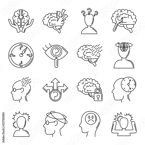 alzheimer disease, decrease in mental human ability icons set line style