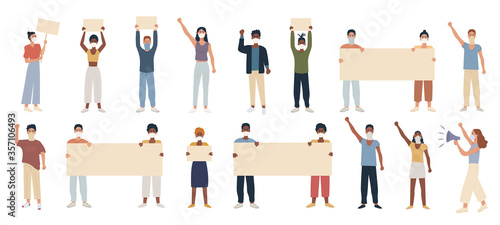 Big set of multicultural people protesting wearing respiratory mask and placard banner, hand fist raised up. Protest of mix race male and female. Manifestation during pandemia coronavirus. Vector flat