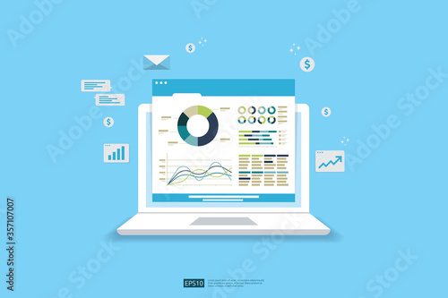 Web statistics analytic charts on laptop device screen. Flat vector infographic trend graphs information report concept for planning and accounting, analysis, audit, management, marketing illustration