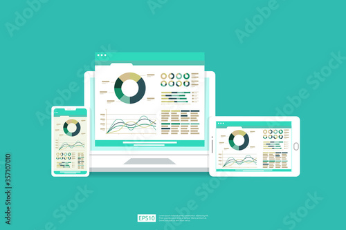 Web statistics analytic charts on laptop device screen. Flat vector infographic trend graphs information report concept for planning and accounting, analysis, audit, management, marketing illustration