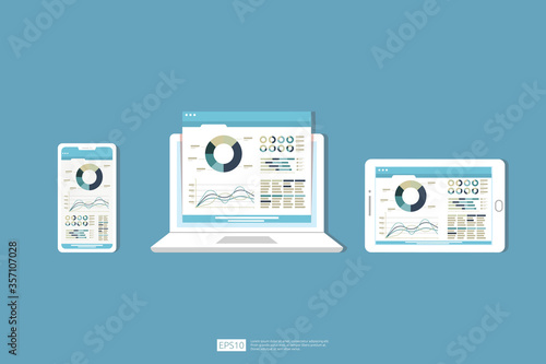 Web statistics analytic charts on laptop device screen. Flat vector infographic trend graphs information report concept for planning and accounting, analysis, audit, management, marketing illustration