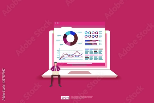 Monitoring and analysis report statistics, investment, website SEO screen PC monitor with tiny people concept. business people and stock market database, information graph illustration