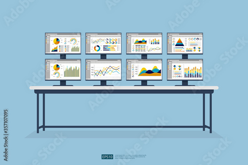 stock market database, information graph in data center room. Monitoring and analysis report statistics, investment, website SEO screen PC monitor on table