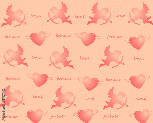 Valentine’s day cupid and heart wings with love,forever text pattern background For Valentines, Mother’s, Birthday, Wedding and Anniversary. Cover template, banner, greeting card, postcard, event.