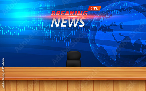 wooden table and breaking news on  lcds background in the news studio room