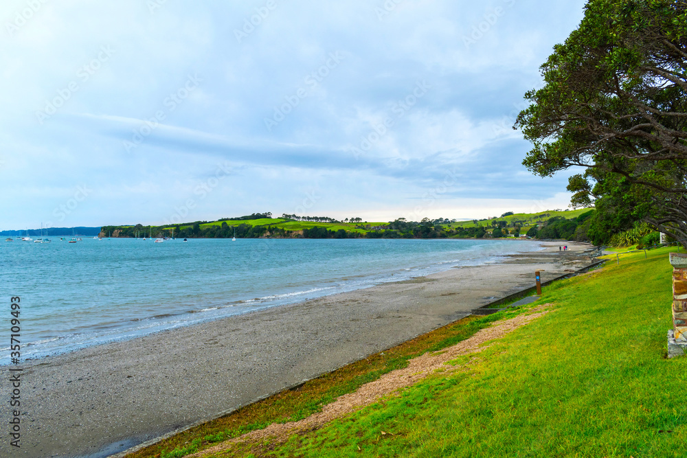 Panoramic View of Algies Bay Beach Auckland New Zealand; During low tide time