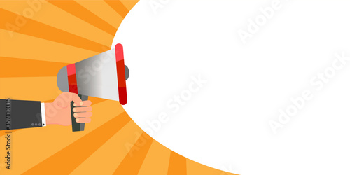 Vector flat megaphone icon. Illustration of a speaker with an alert. Hand with a mouthpiece giving advertising. Broadcast news in the media.