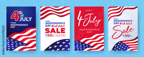 Fourth of July. 4th of July holiday banners, posters, cards or flyers Set. USA Independence Day design template for Sale, discount, advertisement, social media, web. Place for your text.