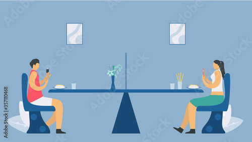 Social distancing in canteen. You have to sit away from people before . eating. Save life from coronavirus outbreak. Vector illustration designs in flat style.