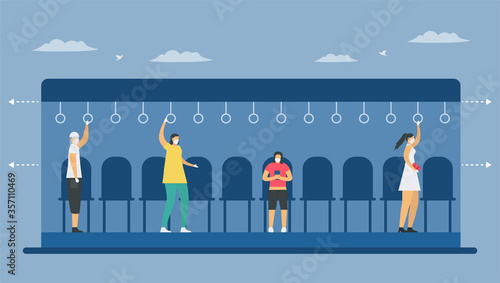 Social distancing in electric train. Sit and stand away from people. Save life from coronavirus outbreak. Vector illustration designs in flat style.