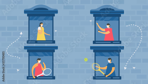 Social distancing for protection new coronavirus or COVID-19. They talk at window of thier house. Vector illustration is in flat style. Work from home.