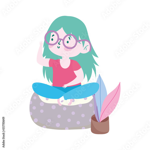 little girl with glasses sitting on cushion with plant decoration cartoon