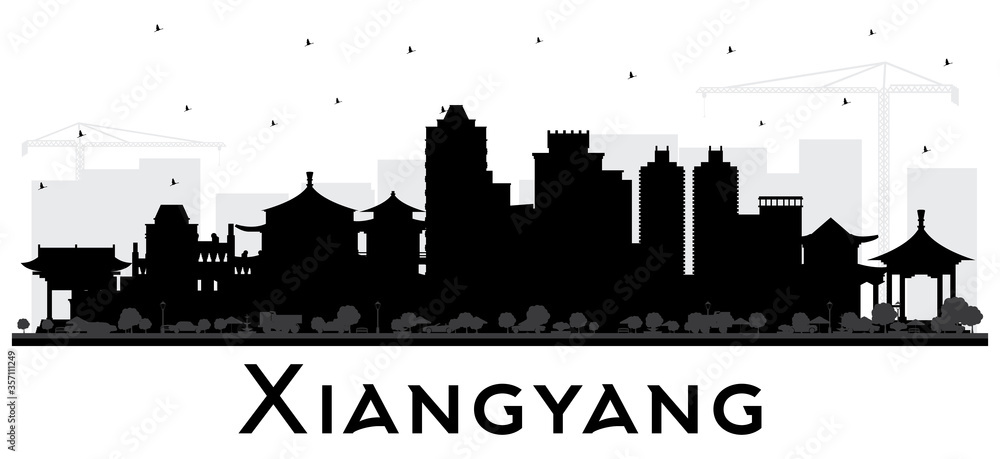 Xiangyang China City Skyline Silhouette with Black Buildings Isolated on White.