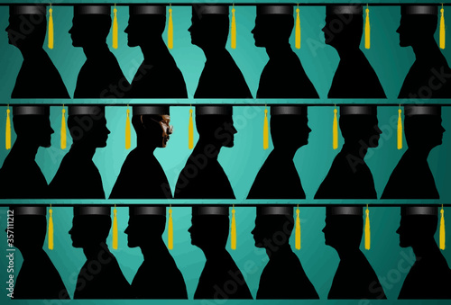 An African American man in cap and gown is lined up with other graduates in this illustration about advanced education for black Americans.