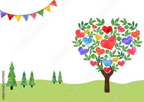 ハートの木_水彩背景