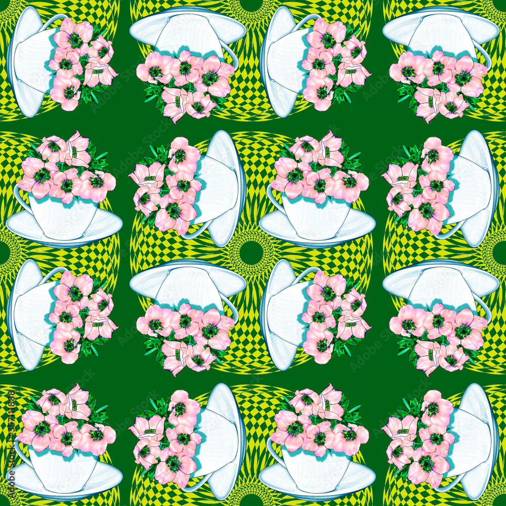 Obraz premium Creative composition with the image of garden flowers and kitchen utensils. Illustration on the theme 