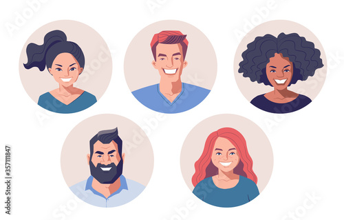 Cartoon portraits of young adults, front view. Diverse group of people, vector character illustration. User avatar for social media. Men and women heads and faces