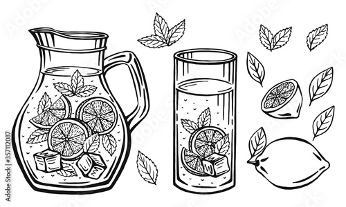 Glass jug with lemonade, sketch of homemade lemonade, summer  illustration. Hand drawn lemon, lemon slice, straw. The inscription on the lemonade.