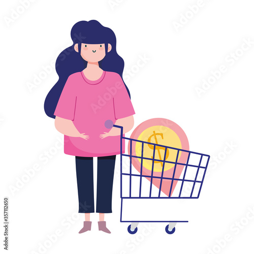 online payment, woman money and cart purchase, ecommerce market shopping, mobile app