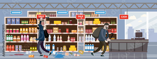 Supermarket broken. Robbery concept. Crime scene vandalism, looting looters